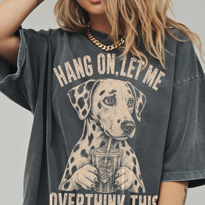Woman wearing a Pepper Overthinking Dalmatian T-Shirt