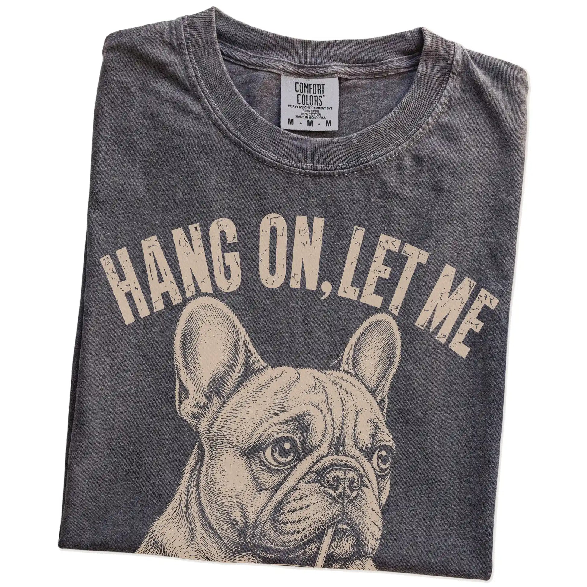Folded Pepper Overthinking French Bulldog T-Shirt showing the graphic