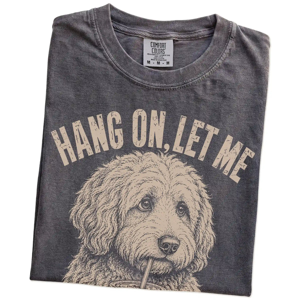 Folded Pepper Overthinking Goldendoodle T-Shirt showing the graphic