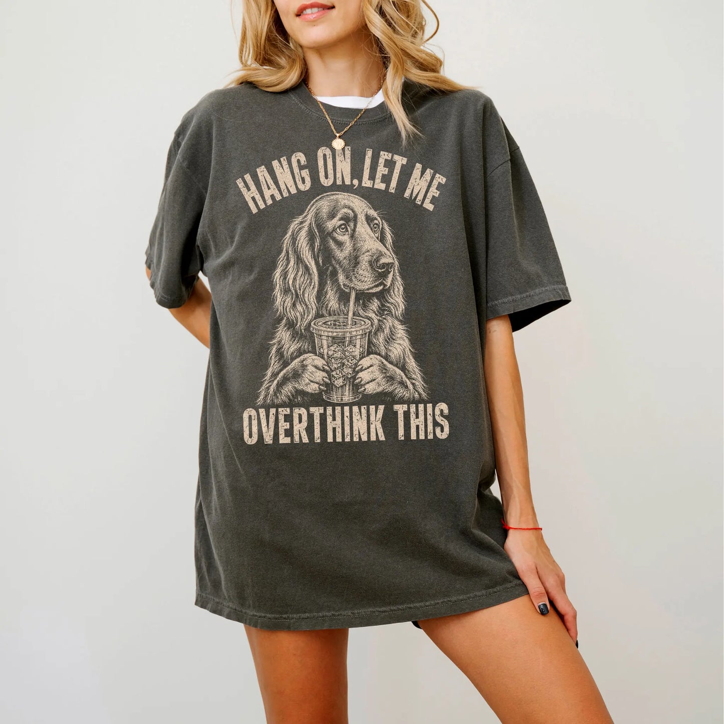 Woman wearing a Pepper Overthinking Irish Setter T-Shirt