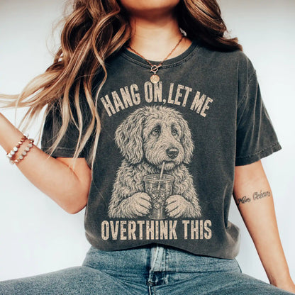 Woman wearing a Pepper Overthinking Labradoodle T-Shirt