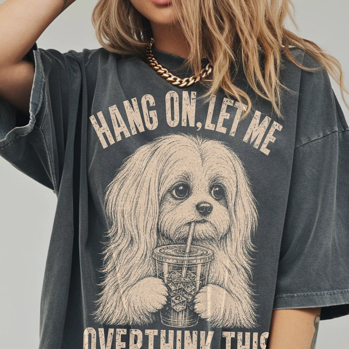 Woman wearing a Pepper Overthinking Maltese T-Shirt