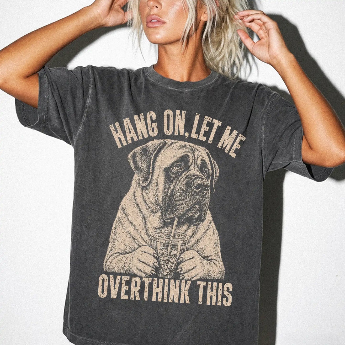 Woman wearing a Pepper Overthinking Mastiff T-Shirt