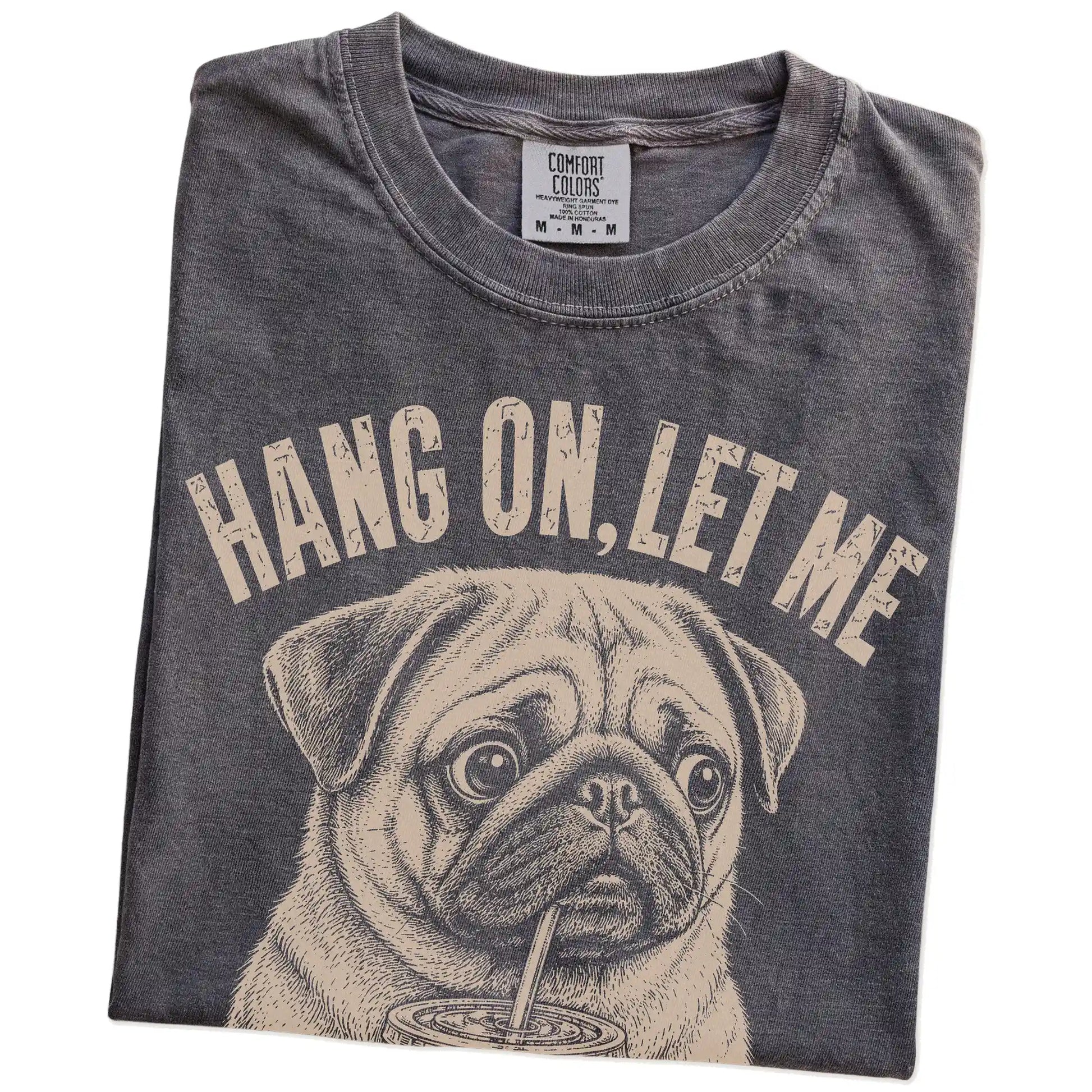 Folded Pepper Overthinking Pug T-Shirt showing the graphic