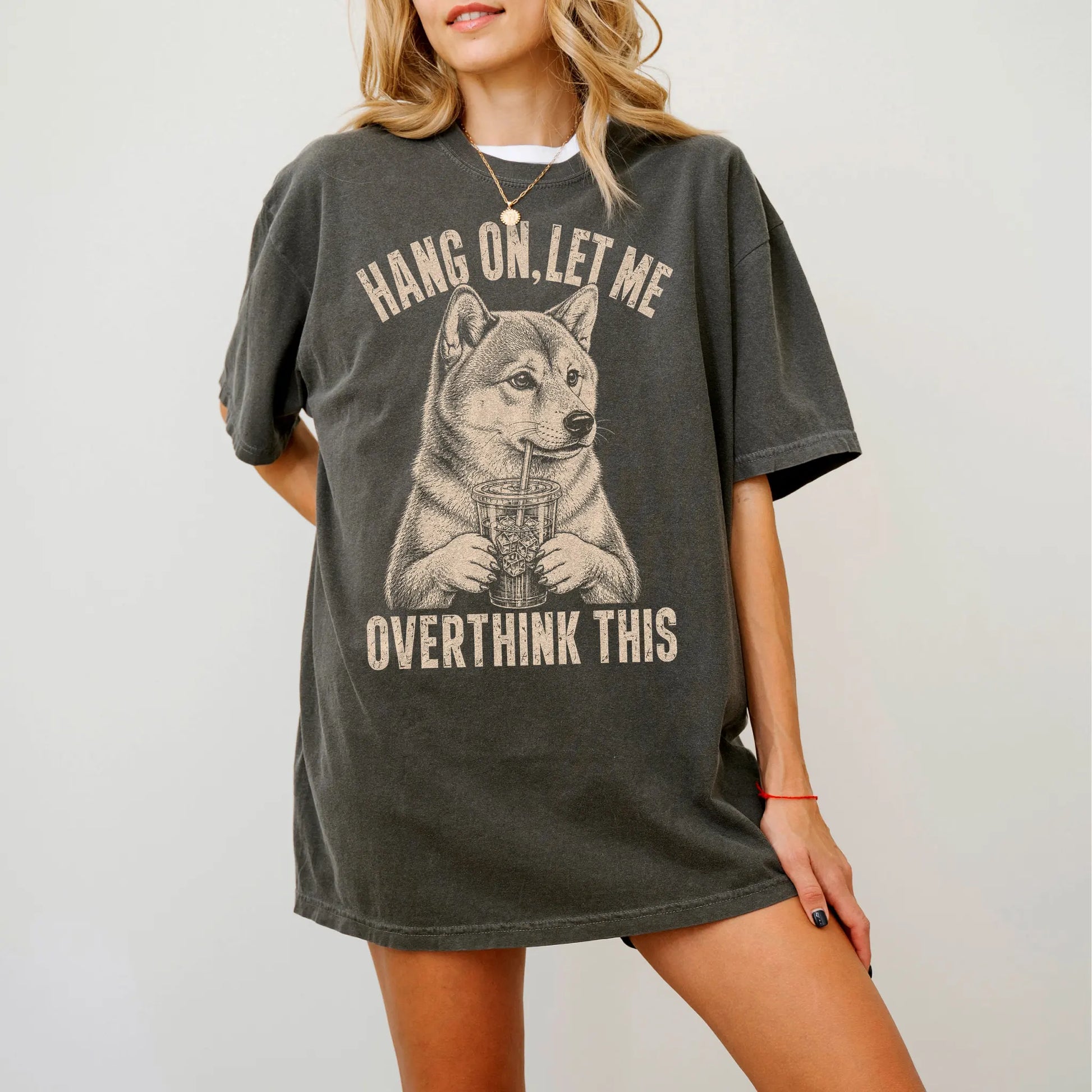 Woman wearing a Pepper Overthinking Shiba Inu T-Shirt