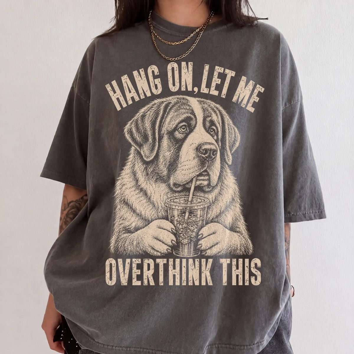 Woman wearing a Pepper Overthinking St Bernard T-Shirt