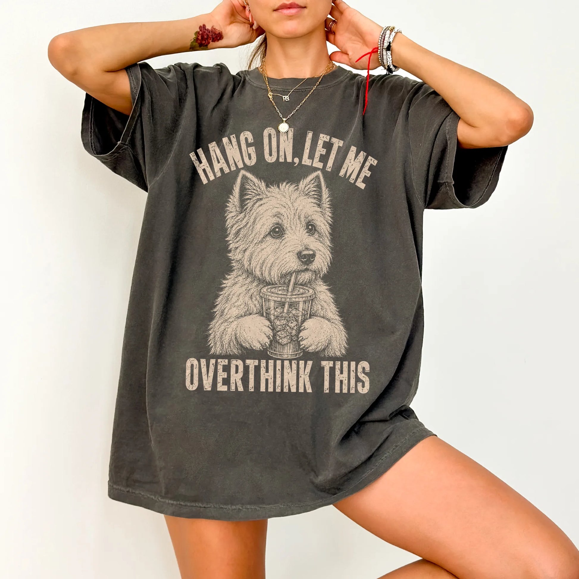 Woman wearing a Pepper Overthinking Westie T-Shirt