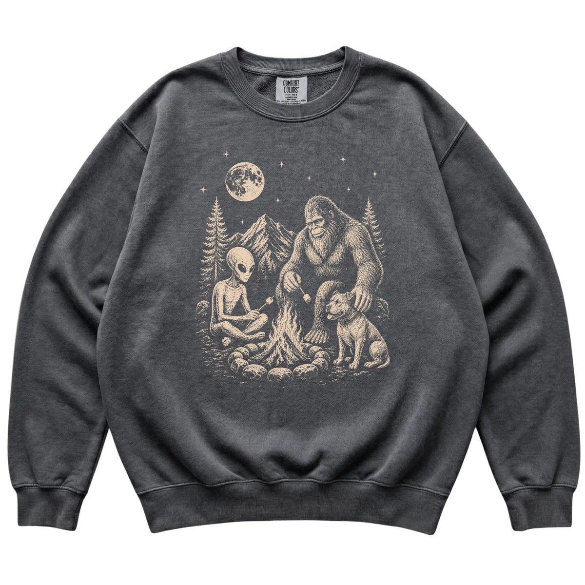 Pepper Pitbull Camping with Bigfoot and Alien shirt laid flat