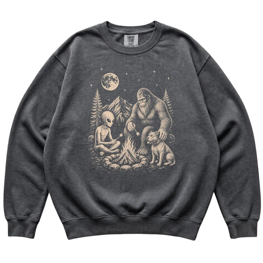 Pepper Pitbull Camping with Bigfoot and Alien shirt laid flat
