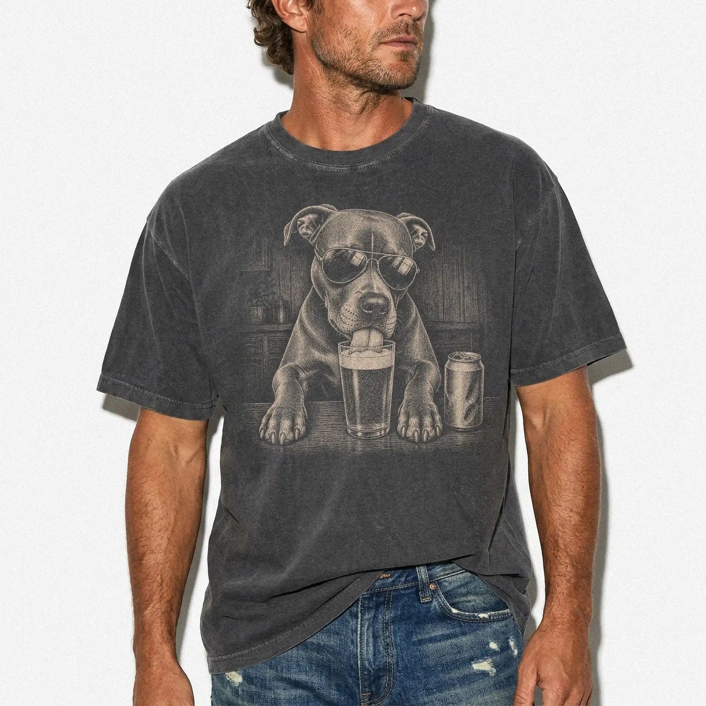 Model wearing a Pepper Comfort Colors® t-shirt with Pitbull sneaking a drink from a pint
