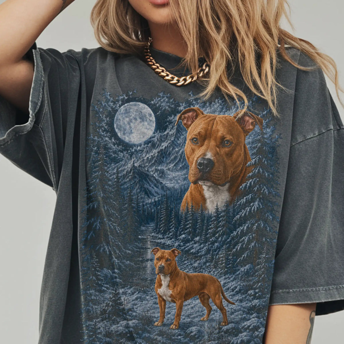 Person wearing a Pepper Pitbull winter forest t-shirt