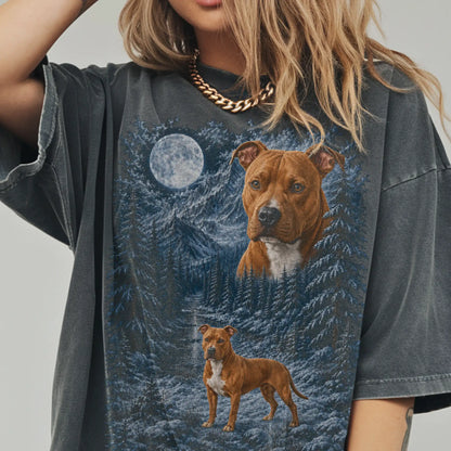 Person wearing a Pepper Pitbull winter forest t-shirt