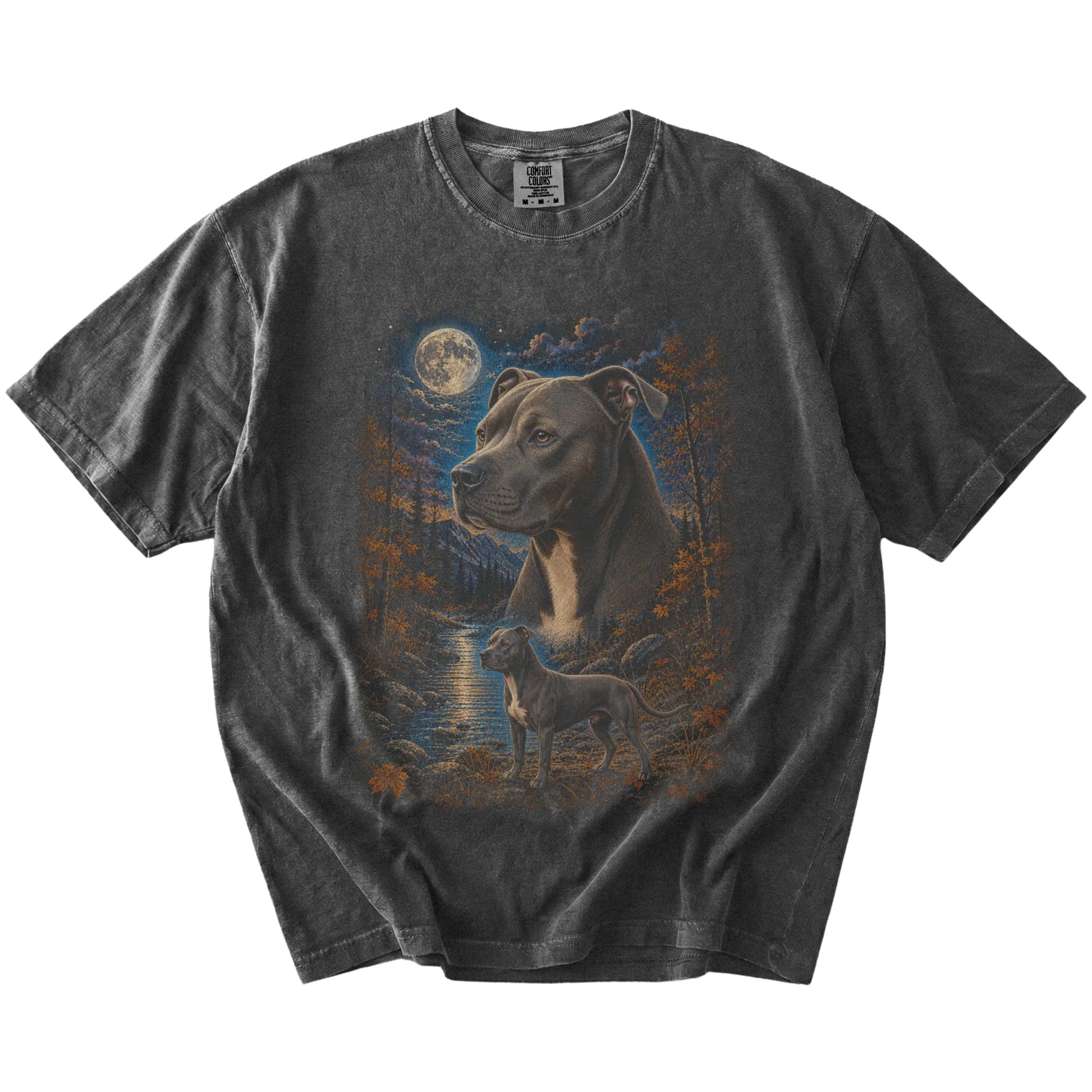 Pitbull in a moonlit fall forest scene on a Pepper Comfort Colors® t-shirt
