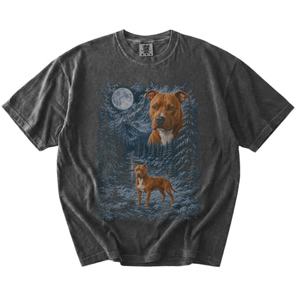 Pitbull in a snowy winter forest on a Pepper t-shirt