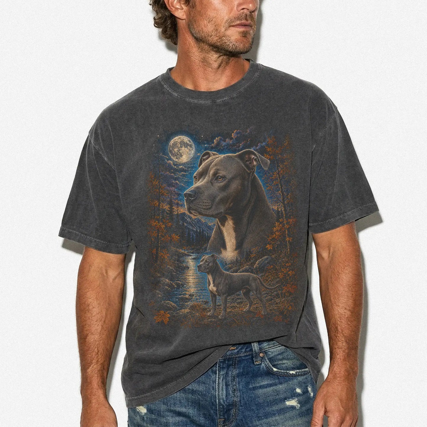 Model wearing a Pepper Comfort Colors® t-shirt featuring Pitbull in a moonlit fall forest
