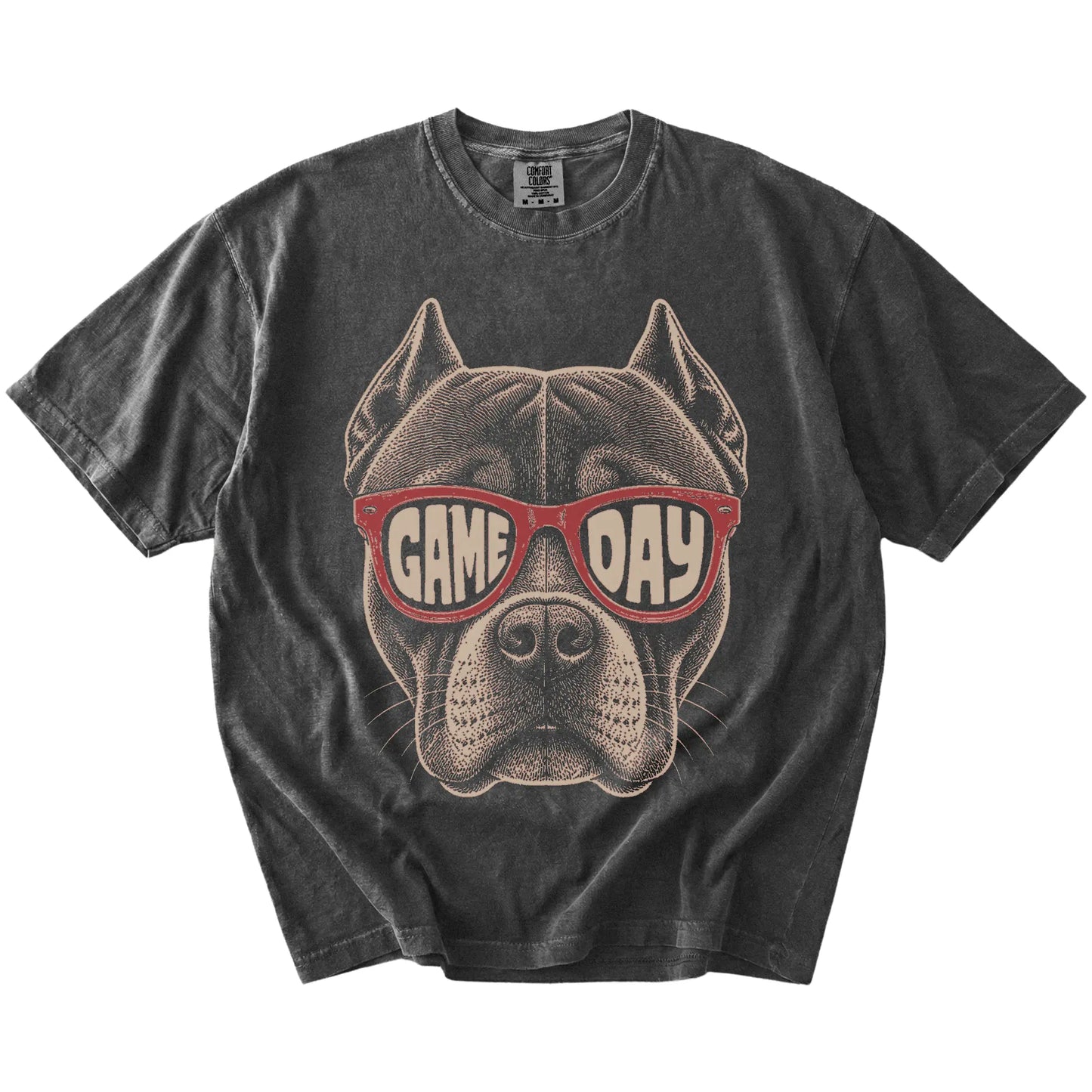 Pitbull wearing red Game Day sunglasses on a Pepper Comfort Colors® T-shirt
