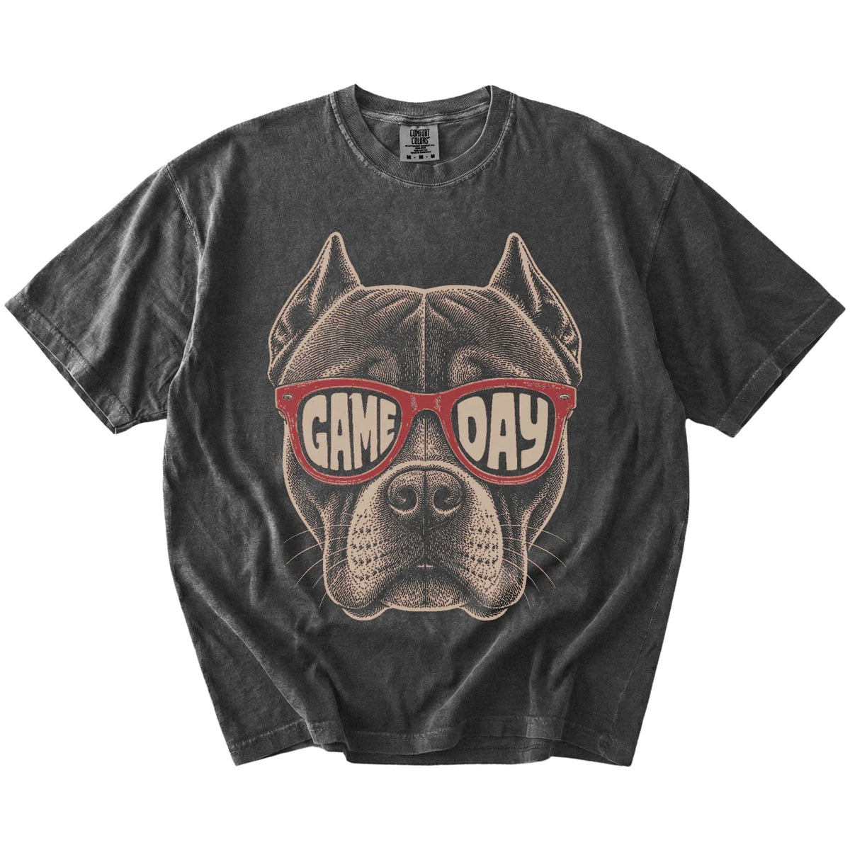Pitbull wearing red Game Day sunglasses on a Pepper Comfort Colors® T-shirt