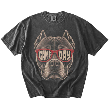 Pitbull wearing red Game Day sunglasses on a Pepper Comfort Colors® T-shirt