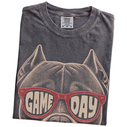 Folded Pepper Comfort Colors® T-shirt showing pitbull wearing red game day sunglasses