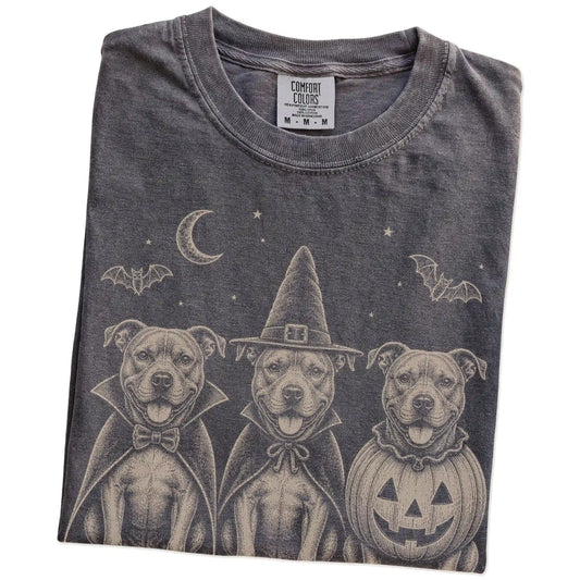 Folded Pepper Comfort Colors® T-shirt showing three Pitbull dogs dressed for Halloween beneath bats and a crescent moon