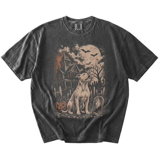 Pitbull in a vintage haunted-house scene on a Pepper Comfort Colors® T-shirt
