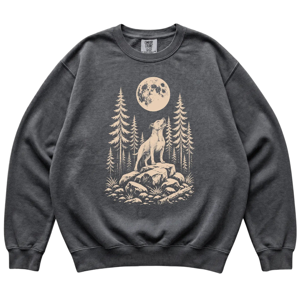 Close view of Pitbull Howling at the Moon artwork on Pepper Comfort Colors sweatshirt