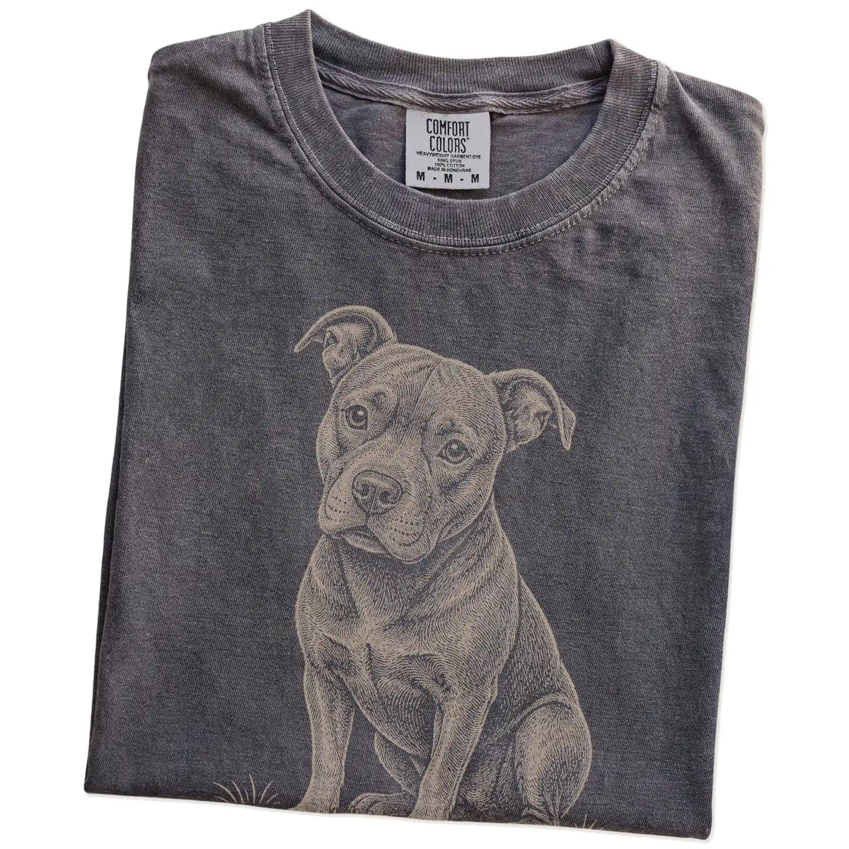 Folded Pepper Pitbull Karma T-Shirt showing the graphic