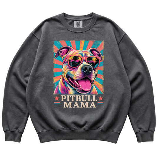 Retro Pitbull Mama design on a Pepper Comfort Colors sweatshirt
