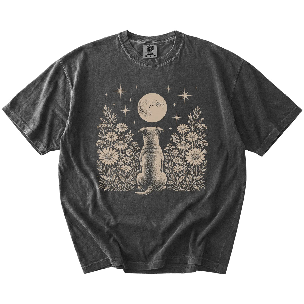 Pitbull beneath a wildflower moon on a Pepper Comfort Colors® T-shirt