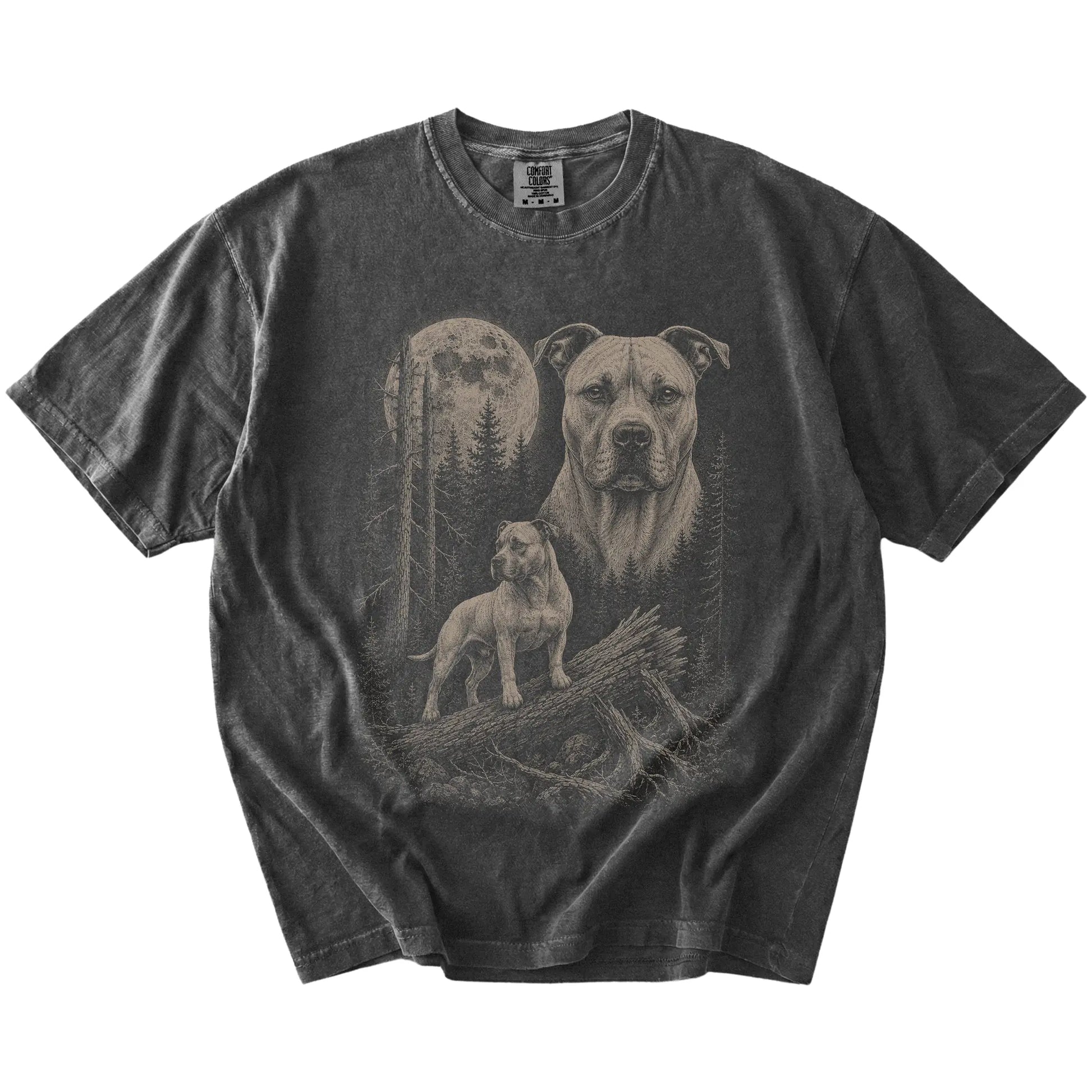 Pepper Pitbull Moonlit Forest T-Shirt laid flat
