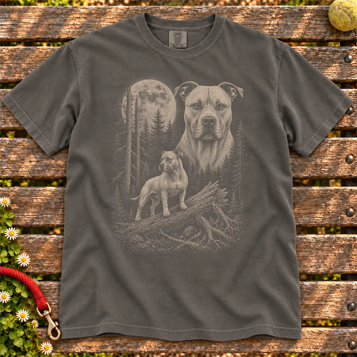 Pitbull Moonlit Forest design on a Pepper T-shirt shown flat