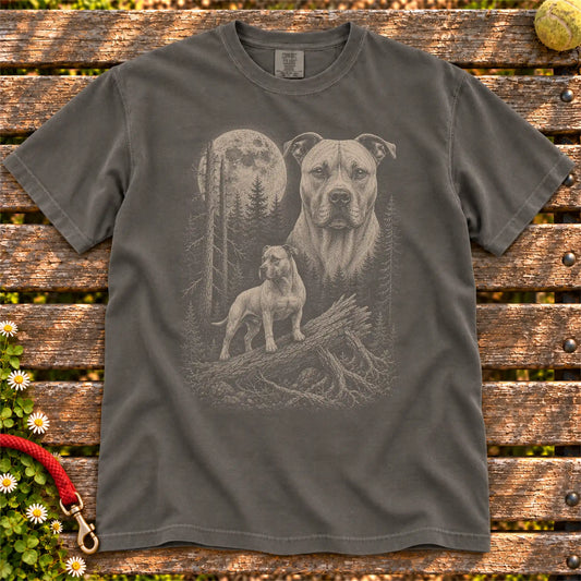 Pitbull Moonlit Forest design on a Pepper T-shirt shown flat