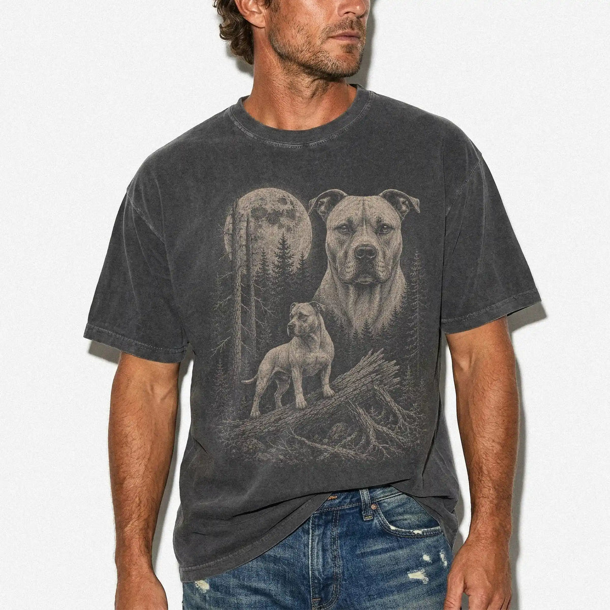 Man wearing a Pepper Pitbull Moonlit Forest T-Shirt