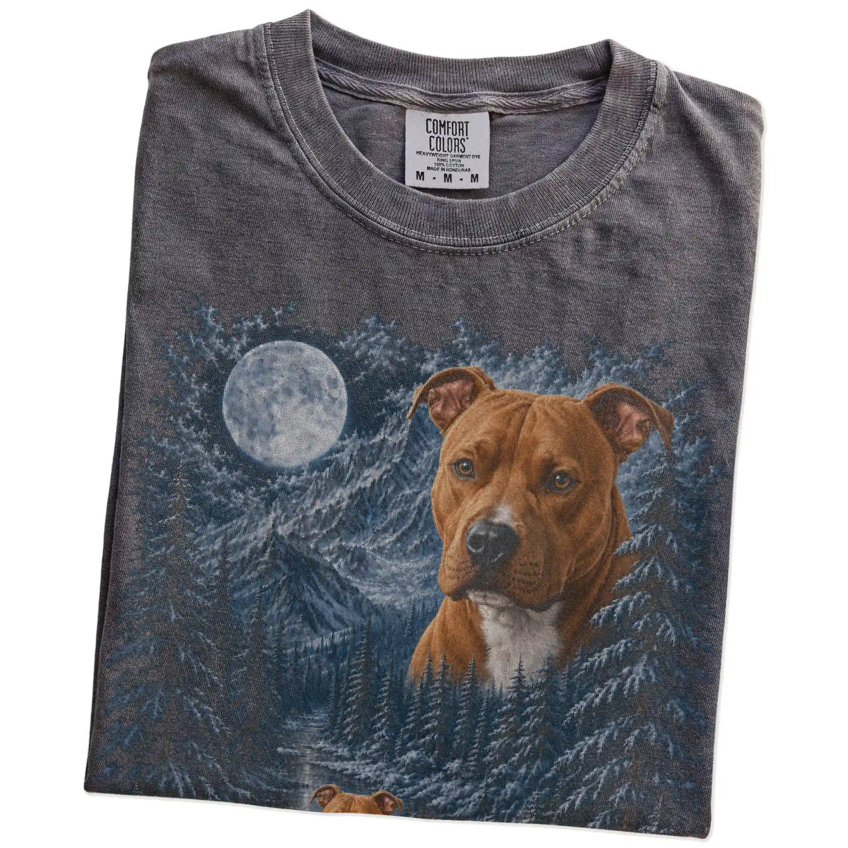 Folded pepper T-shirt with Pitbull Winter Moon artwork.