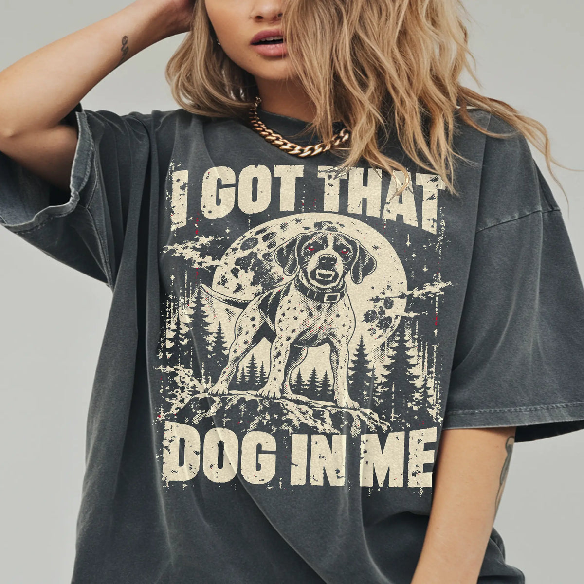 Pepper Pointer I Got That Dog in Me T-shirt, worn by a model