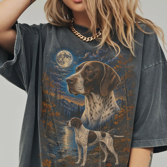 Model wearing a pepper T-shirt with Pointer Autumn Moon artwork.