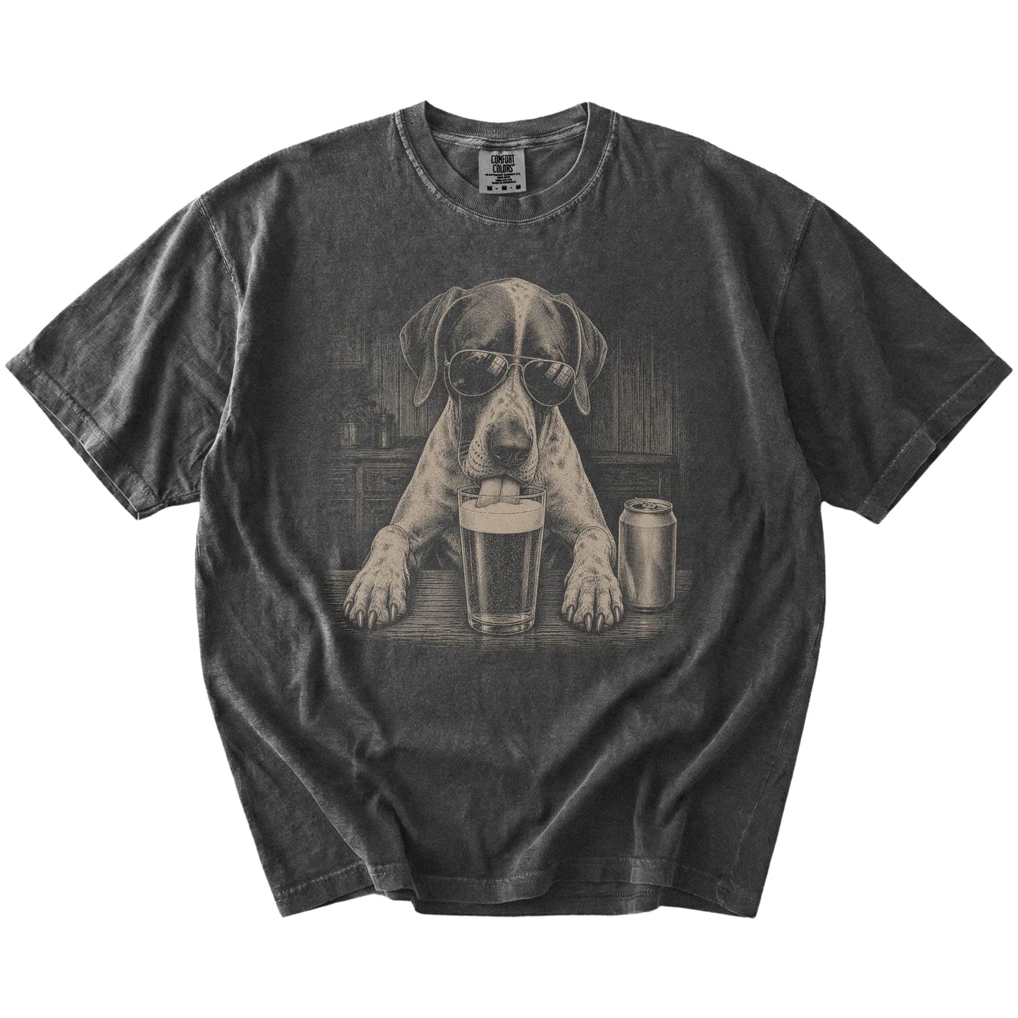 Pointer sneaking a drink from a foamy pint at home on a Pepper Comfort Colors® t-shirt