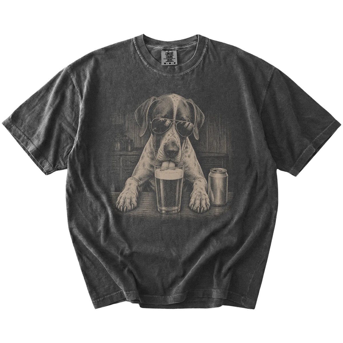 Pointer sneaking a drink from a foamy pint at home on a Pepper Comfort Colors® t-shirt