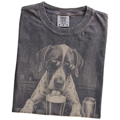 Folded Pepper Comfort Colors® t-shirt showing Pointer sneaking a drink from a pint