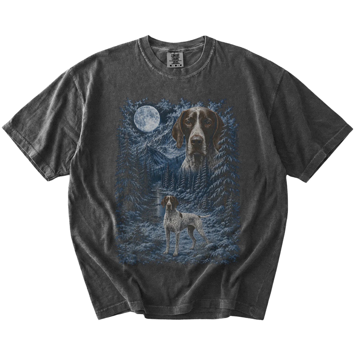 Pointer in a snowy winter forest on a Pepper t-shirt