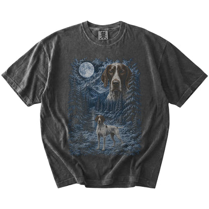 Pointer in a snowy winter forest on a Pepper t-shirt