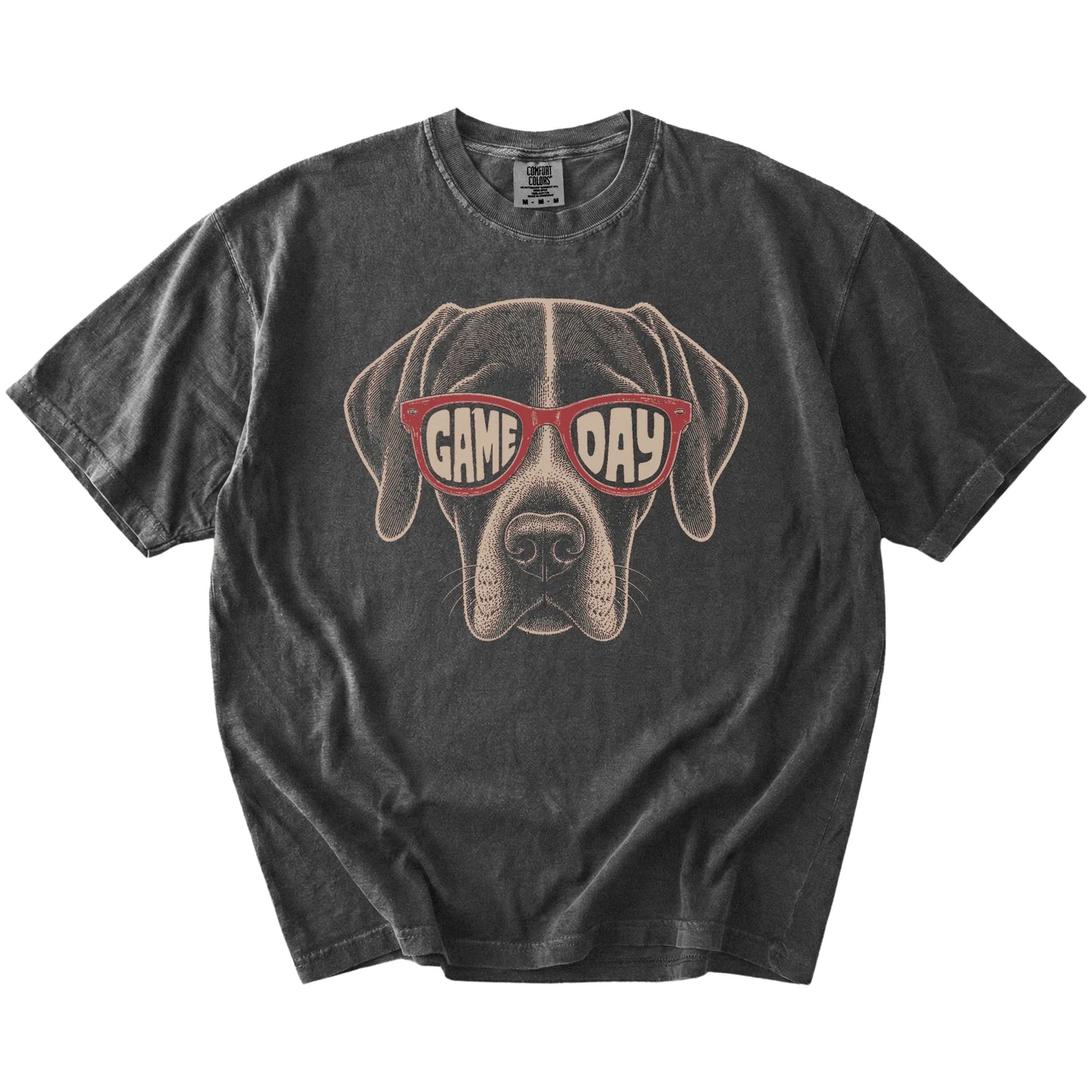 Pointer wearing red Game Day sunglasses on a Pepper Comfort Colors® T-shirt