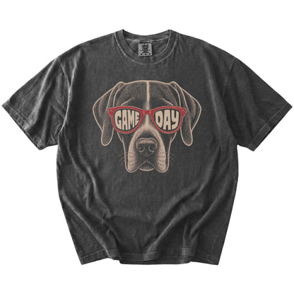 Pointer wearing red Game Day sunglasses on a Pepper Comfort Colors® T-shirt