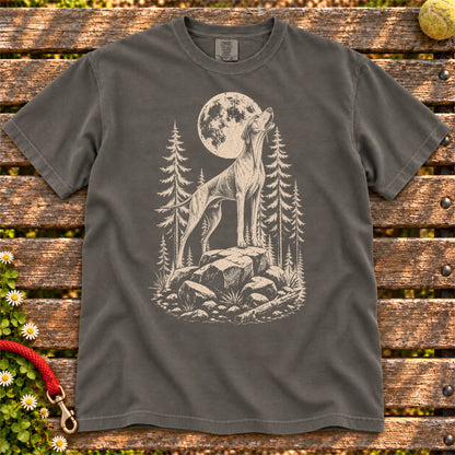 Pointer Howling at Moon design on a Pepper T-shirt shown flat