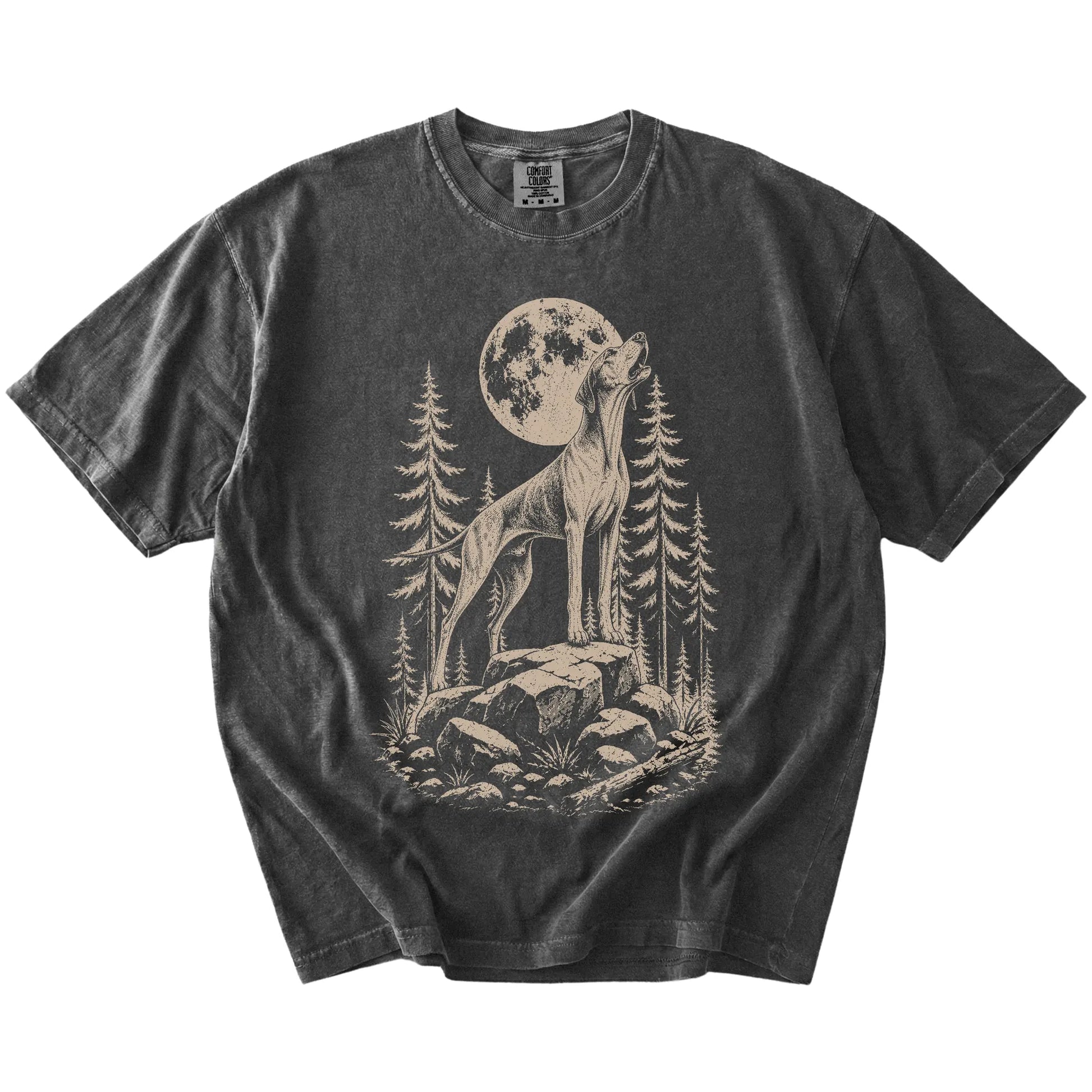 Pointer howling beneath the moon and pine trees on a Pepper Comfort Colors® T-shirt