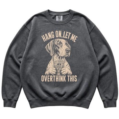 Pepper Comfort Colors sweatshirt featuring Pointer Iced Coffee Overthink, laid-flat presentation