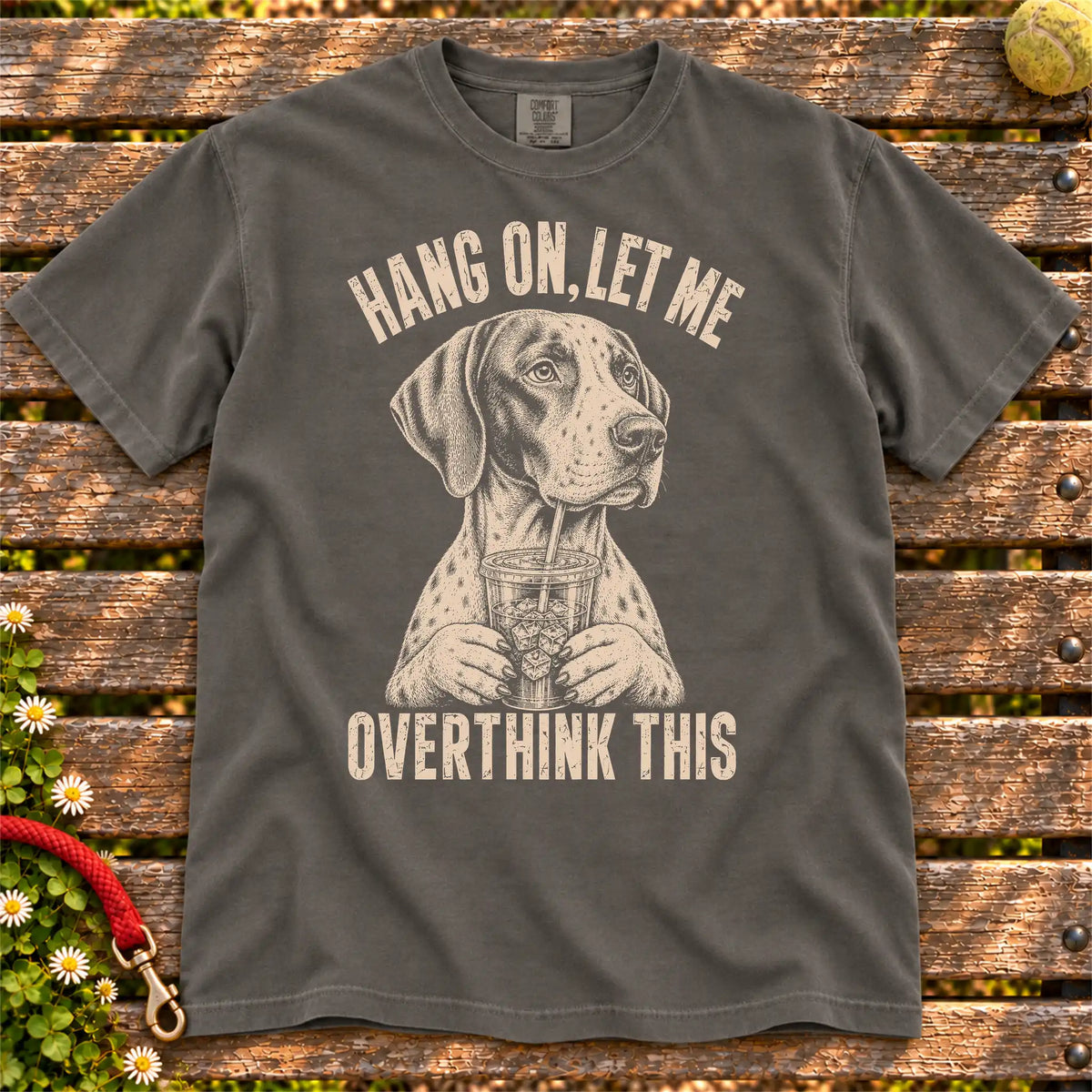 Overthinking Pointer design on a Pepper Comfort Colors T-shirt, shown flat
