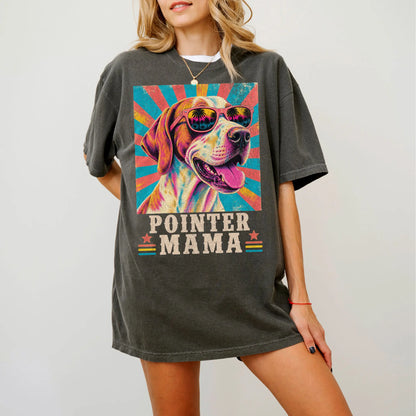 Retro Pointer Mama design on a Pepper Comfort Colors T-shirt worn by a model