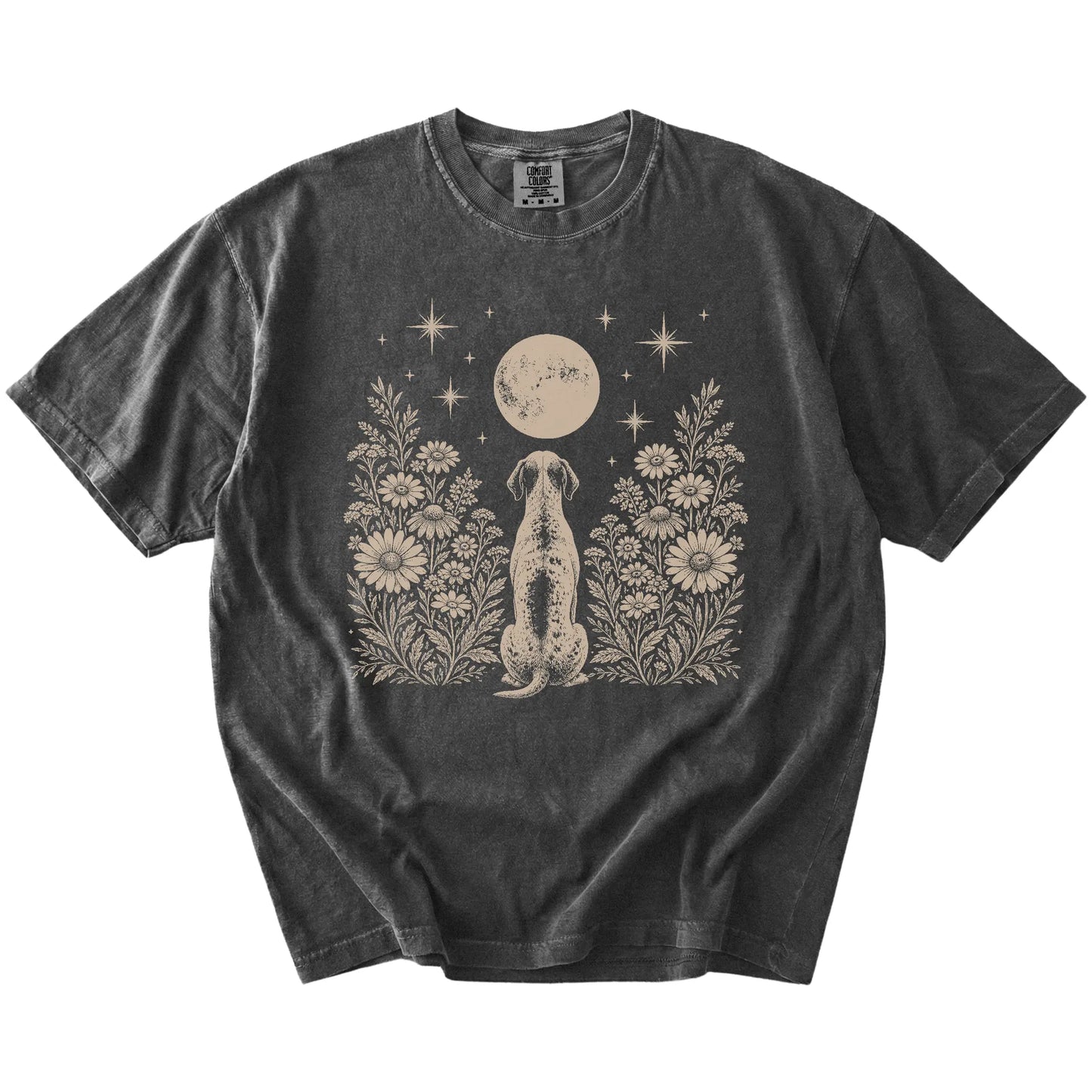 Pointer beneath a wildflower moon on a Pepper Comfort Colors® T-shirt