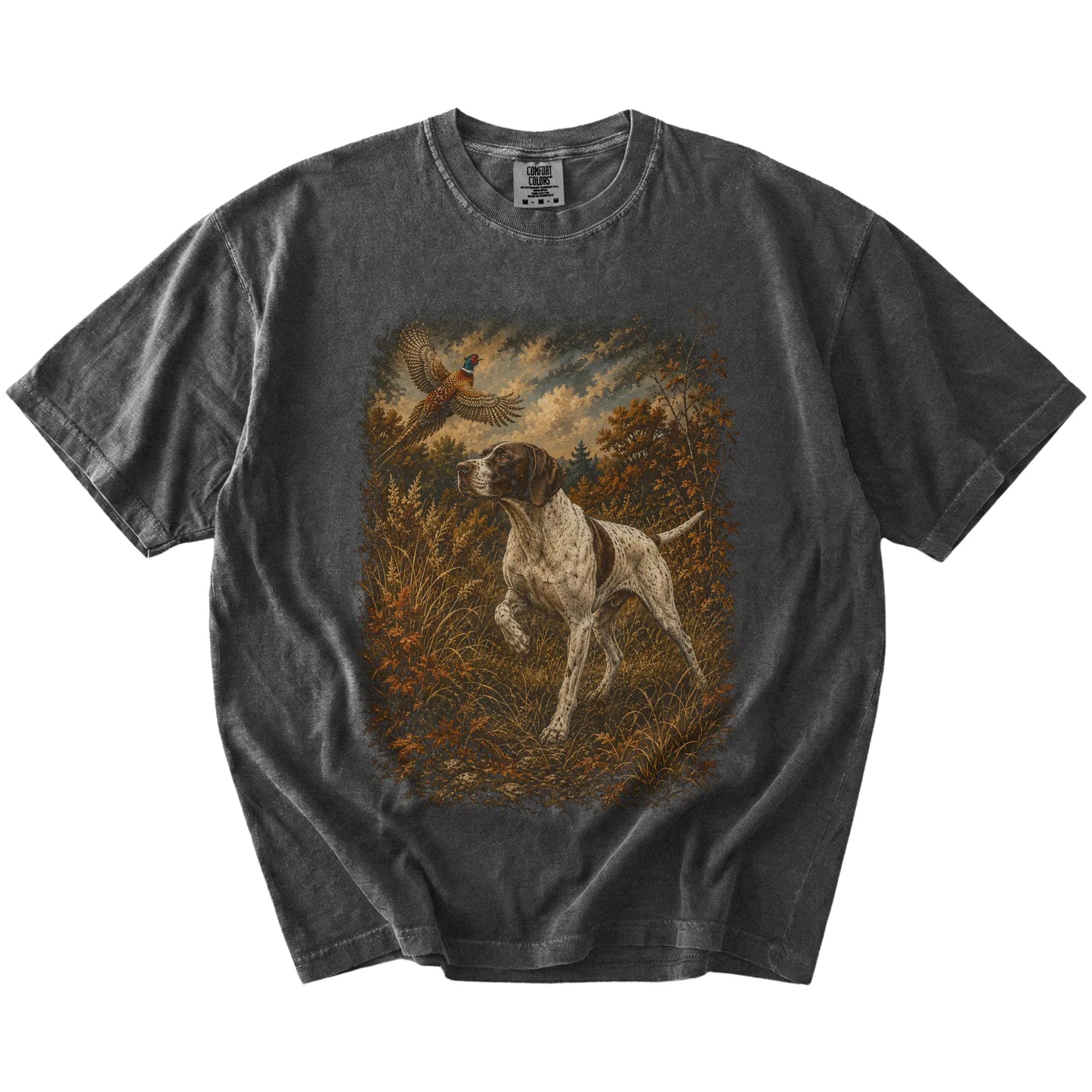 Pepper Pointer Pheasant Hunting T-Shirt laid flat